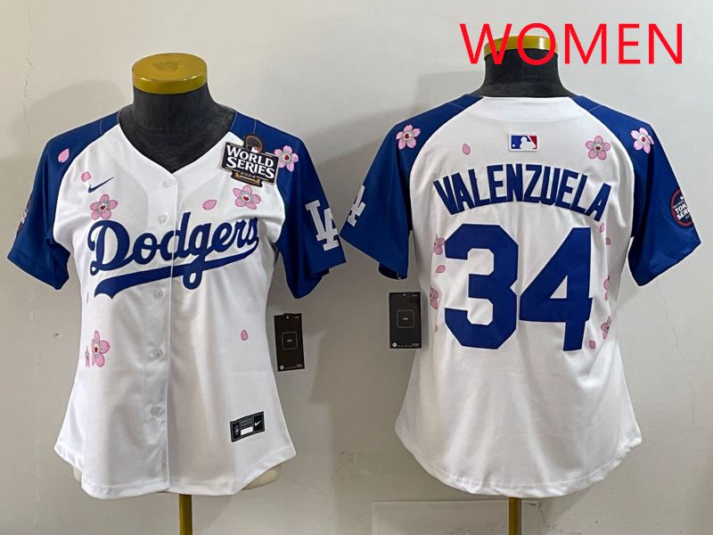 Women Los Angeles Dodgers #34 Valenzuela White Blue Sakura Edition 2025 Nike MLB Jersey style 35